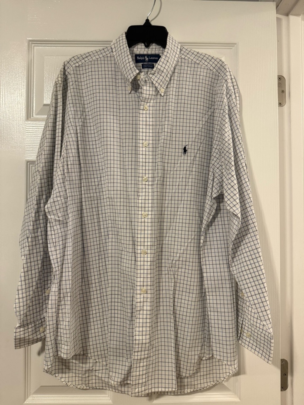 Ralph Lauren White Button-Down Shirt with Blue Windowpane Check